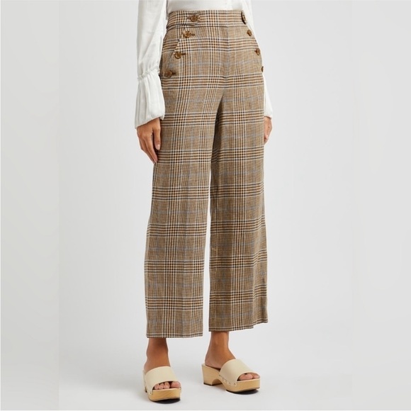 Veronica Beard Hunter Pant Linen Plaid Camel Blue Brown Preppy Wide Leg size 2 - Picture 2 of 6